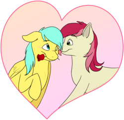 Size: 911x877 | Tagged: safe, artist:arcticwaters, roseluck, sunshower raindrops, earth pony, pegasus, pony, g4, blushing, female, flower, licking, mare, mouth hold, rose, rosedrops, shipping, tongue out