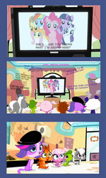 Size: 761x1268 | Tagged: source needed, safe, applejack, fluttershy, pinkie pie, rainbow dash, rarity, twilight sparkle, dog, gecko, hedgehog, monkey, panda, skunk, g4, comic, comic strip, crossover, exploitable meme, fourth wall, littlest pet shop, mane six, meme, minka mark, penny ling, pepper clark, russell ferguson, television, tv meme, vinnie terrio, zoe trent