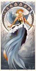Size: 607x1200 | Tagged: safe, artist:neboveria, rainbow dash, human, g4, apollonian gasket, clothes, dress, female, flying, gala dress, glowing eyes, humanized, modern art, nouveau, solo, spread wings, winged humanization