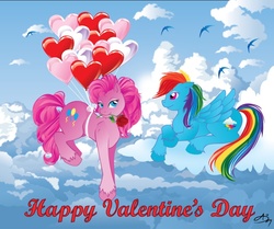 Size: 812x678 | Tagged: safe, artist:greenasday, pinkie pie, rainbow dash, g4, balloon, female, lesbian, ship:pinkiedash, shipping, then watch her balloons lift her up to the sky, valentine, valentine's day