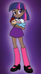 Size: 284x512 | Tagged: dead source, safe, artist:princessmarshmallow, twilight sparkle, oc, oc:lightning blitz, human, equestria girls, g4, baby, dark skin, holding, human coloration, humanized, mama twilight, mary janes, offspring, parent:rain catcher, parent:scootaloo, parents:catcherloo, redesign, twoiloight spahkle