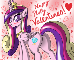 Size: 1100x900 | Tagged: safe, artist:ziemniax, princess cadance, alicorn, pony, g4, blushing, butt, cute, cutedance, female, grin, heart, holiday, looking at you, looking back, looking back at you, love, lovebutt, mare, plot, rear view, smiling, smiling at you, solo, valentine, valentine's day
