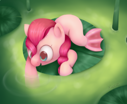 Size: 814x667 | Tagged: safe, artist:xiao668, pinkie pie, merpony, g4, female, lilypad, looking at something, looking down, open mouth, open smile, outdoors, pond, smiling, solo, water