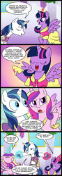 Size: 713x2000 | Tagged: safe, artist:madmax, princess cadance, shining armor, twilight sparkle, alicorn, earth pony, pony, unicorn, g4, clothes, comic, commission, commissioner:tan575, coronation dress, dialogue, dress, female, mare, sisters-in-law, speech bubble, tug of war, twilight sparkle (alicorn)