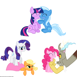 Size: 1200x1200 | Tagged: safe, artist:navitaserussirus, applejack, discord, pinkie pie, rarity, trixie, twilight sparkle, draconequus, earth pony, pony, unicorn, g4, ^^, eyes closed, female, lesbian, male, mare, ship:discopie, ship:rarijack, ship:twixie, shipping, simple background, straight, unicorn twilight, white background