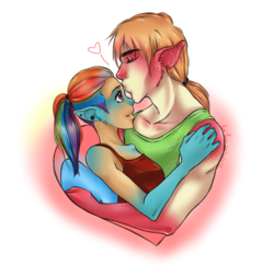 Size: 795x768 | Tagged: safe, artist:thepandacaffe, big macintosh, rainbow dash, earth pony, anthro, g4, duo, ear piercing, female, forehead kiss, human facial structure, human to anthro, human to pony, kissing, light skin, male, mid-transformation, moderate dark skin, piercing, ship:rainbowmac, shipping, straight, transformation