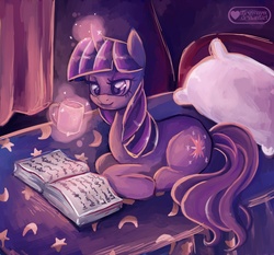 Size: 900x838 | Tagged: dead source, safe, artist:meownyo, twilight sparkle, pony, g4, bed, book, drink, female, hot chocolate, reading, solo