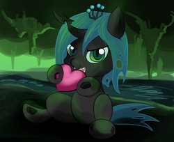 Size: 1223x1000 | Tagged: dead source, safe, artist:hereticofdune, queen chrysalis, nymph, g4, cute, cutealis, heart