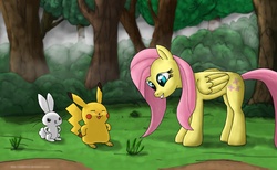 Size: 1750x1076 | Tagged: safe, artist:slightmist, angel bunny, fluttershy, pikachu, g4, jealous