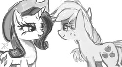 Size: 818x456 | Tagged: safe, artist:grissaecrim, applejack, rarity, g4, accessory swap, female, lesbian, monochrome, ship:rarijack, shipping, simple background