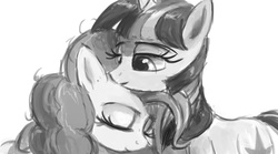 Size: 818x456 | Tagged: safe, artist:grissaecrim, pinkie pie, twilight sparkle, g4, eyes closed, female, lesbian, monochrome, ship:twinkie, shipping, simple background, snuggling