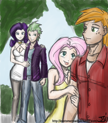 Size: 882x1000 | Tagged: safe, artist:johnjoseco, artist:michos, big macintosh, fluttershy, rarity, spike, human, g4, clothes, female, humanized, male, older, older spike, pantyhose, ship:fluttermac, ship:sparity, shipping, straight
