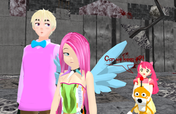 Size: 900x586 | Tagged: safe, artist:ask-thecupcakespair, apple bloom, pinkie pie, human, fanfic:cupcakes, g4, crossover, cupcake, hetalia, humanized, mmd, pinkamena diane pie, sonic the hedgehog (series), tails doll