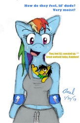 Size: 965x1480 | Tagged: safe, artist:axel-dk64, rainbow dash, oc, pony, anthro, g4, anthro with ponies, arm hooves, between breasts, breasts, giant anthro, giant pony, giant rainbow dash, giantess, macro, mega/giant rainbow dash, suddenly hands, sweat, thumbs up