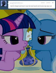 Size: 1050x1380 | Tagged: safe, artist:navitaserussirus, trixie, twilight sparkle, pony, unicorn, asktwixiegenies, g4, bedroom eyes, duo, female, imminent kissing, lady and the tramp, lesbian, mare, ship:twixie, shipping, spaghetti, spaghetti scene