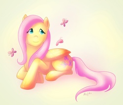 Size: 750x638 | Tagged: safe, artist:rebel-mel, fluttershy, butterfly, g4, folded wings, full body, looking up, lying down, prone, simple background, solo, white background, wings