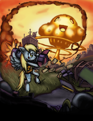 Size: 2549x3299 | Tagged: safe, artist:cazra, derpy hooves, pegasus, pony, g4, female, gamma world, mare, mushroom cloud, solo, weapon