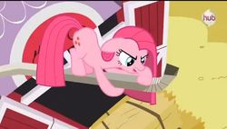 Size: 595x338 | Tagged: safe, screencap, pinkie pie, g4, magical mystery cure, barn, pinkamena diane pie, swapped cutie marks, water chute, what my cutie mark is telling me