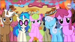 Size: 597x340 | Tagged: safe, screencap, berry punch, berryshine, blues, bon bon, cherry berry, daisy, dj pon-3, flower wishes, linky, mochaccino, noteworthy, rare find, shoeshine, sweetie drops, vinyl scratch, earth pony, pony, unicorn, g4, magical mystery cure, bored, female, horn, male, mare, stallion, what my cutie mark is telling me