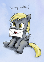 Size: 442x614 | Tagged: safe, artist:chromaskunk, artist:trips-ocho, derpy hooves, pegasus, pony, g4, chibi, colored, cute, derpabetes, female, letter, mare, mouth hold, sitting, solo, valentine