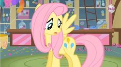 Size: 598x336 | Tagged: safe, screencap, fluttershy, pegasus, pony, g4, magical mystery cure, my little pony: friendship is magic, female, hub logo, hubble, indoors, logo, looking at cutie mark, mare, solo, sugarcube corner, swapped cutie marks, the hub, what my cutie mark is telling me