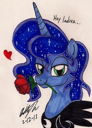 Size: 715x995 | Tagged: safe, artist:newyorkx3, princess luna, pony, g4, armor, bust, heart, male, mouth hold, prince artemis, rose, rule 63, solo, traditional art