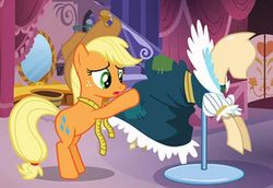 Size: 600x412 | Tagged: safe, screencap, applejack, earth pony, pony, g4, magical mystery cure, clothes, cropped, dress, female, mare, measuring tape, ponyquin, puffy sleeves, solo, swapped cutie marks, what my cutie mark is telling me