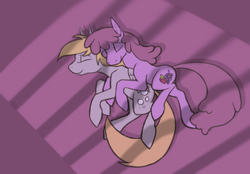 Size: 1276x888 | Tagged: safe, artist:enma-darei, berry punch, berryshine, derpy hooves, pegasus, pony, g4, berpy, cuddling, cute, eyes closed, female, hug, lesbian, mare, on side, shipping, sleeping, smiling, snuggling, spooning, wings