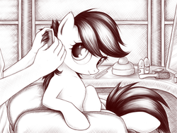 Size: 800x600 | Tagged: safe, artist:rainbow, scootaloo, human, pony, g4, brush, brushie, comb, female, filly, foal, hand, mirror, monochrome, scootalove