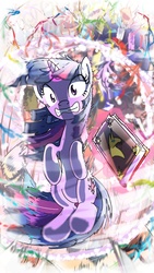 Size: 1080x1920 | Tagged: safe, artist:yoka-the-changeling, twilight sparkle, pony, fighting is magic, g4, action pose, book, clone, female, fight, magic, mirror match, solo