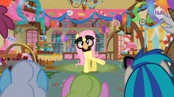 Size: 637x357 | Tagged: safe, screencap, berry punch, berryshine, daisy, dj pon-3, flower wishes, fluttershy, linky, mochaccino, rare find, shoeshine, vinyl scratch, g4, magical mystery cure, glasses, groucho mask, what my cutie mark is telling me