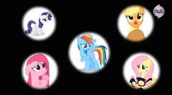 Size: 633x351 | Tagged: safe, screencap, applejack, fluttershy, pinkie pie, rainbow dash, rarity, g4, magical mystery cure, catasterism, hub logo, pinkamena diane pie, swapped cutie marks, the hub, what my cutie mark is telling me