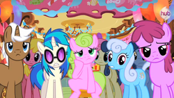 Size: 1541x867 | Tagged: safe, screencap, berry punch, berryshine, blues, bon bon, cherry berry, daisy, dj pon-3, flower wishes, linky, mochaccino, noteworthy, rare find, shoeshine, sweetie drops, vinyl scratch, earth pony, pegasus, pony, unicorn, g4, magical mystery cure, season 3, bon bon is not amused, bored, female, frown, looking at you, male, mare, stallion, unamused, vulgar description, what my cutie mark is telling me
