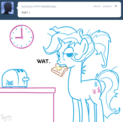Size: 642x634 | Tagged: safe, artist:nyerpy, allie way, pony, unicorn, ask allie way, g4, ask, morning ponies, solo, toast, toaster, tumblr