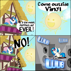 Size: 500x500 | Tagged: safe, artist:shinodage, dj pon-3, vinyl scratch, g4, come outside chris, comic, funny, sun, wub