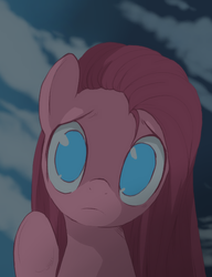 Size: 400x522 | Tagged: dead source, safe, artist:loyaldis, pinkie pie, earth pony, pony, g4, bust, female, head tilt, looking at you, no pupils, pinkamena diane pie, raised hoof, sad, solo