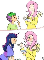 Size: 600x817 | Tagged: safe, artist:shiko-k, fluttershy, spike, twilight sparkle, g4, cereal, female, food, horn, horned humanization, humanized, lesbian, ship:twishy, shipping, winged humanization