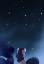 Size: 400x571 | Tagged: dead source, safe, artist:loyaldis, princess luna, twilight sparkle, ask the royal couple, g4, female, lesbian, night, ship:twiluna, shipping, stargazing