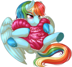 Size: 898x826 | Tagged: safe, artist:kittehkatbar, rainbow dash, g4, blushing, customized toy, heart, hooves, hug, pillow, pun, simple background, transparent background, tsundere, unshorn fetlocks