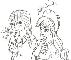 Size: 900x757 | Tagged: safe, artist:xxtaraxkitaidexx, applejack, twilight sparkle, human, g4, humanized