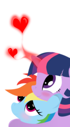 Size: 594x1080 | Tagged: safe, artist:lostzilla, rainbow dash, twilight sparkle, alicorn, pegasus, pony, g4, blushing, cute, female, floating heart, glowing, glowing horn, heart, hearts and hooves day, horn, hug, lesbian, magic, mare, ship:twidash, shipping, simple background, smiling, transparent background, twilight sparkle (alicorn)