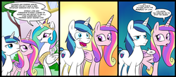 Size: 1500x656 | Tagged: safe, artist:madmax, princess cadance, princess celestia, shining armor, alicorn, pony, unicorn, g4, bait and switch, comic, denied, female, implied good clean married sex, implied sex, looking at each other, love, male, mare, open mouth, shining armor is a goddamn moron, stallion
