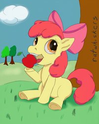 Size: 850x1062 | Tagged: safe, artist:ratwhiskers, apple bloom, earth pony, pony, g4, apple, female, food, sitting, solo