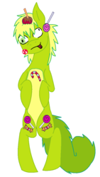 Size: 590x1043 | Tagged: dead source, safe, artist:galaxyacero, earth pony, pony, apple, both cutie marks, candy, candy apple, candy cane, food, happy tree friends, lollipop, male, mint, nutty (happy tree friends), ponified, stallion