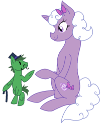 Size: 755x879 | Tagged: dead source, safe, artist:galaxyacero, earth pony, pony, bow, female, happy tree friends, lammy, looking at each other, mare, mr pickles, ponified, simple background, sitting, transparent background