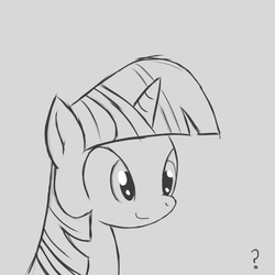 Size: 900x900 | Tagged: artist needed, safe, twilight sparkle, pony, unicorn, g4, bust, cute, female, mare, monochrome, portrait, question mark, simple background, smiling, solo, white background
