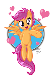 Size: 1984x3000 | Tagged: safe, artist:danmakuman, scootaloo, pegasus, pony, g4, cute, cutealoo, female, filly, floating, heart, looking at you, one ear down, simple background, solo, spread wings, transparent background, valentine's day, wings