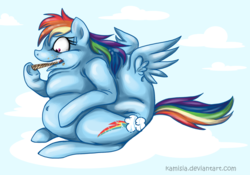 Size: 1000x700 | Tagged: safe, artist:kamisia, rainbow dash, pegasus, pony, g4, candy, cloud, eating, fat, female, food, mare, morbidly obese, obese, rainblob dash