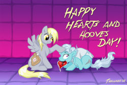 Size: 1000x667 | Tagged: safe, artist:dembai, derpy hooves, screw loose, pegasus, pony, g4, bag, duo, female, heart, hearts and hooves day, insanity, mare, mouth hold, valentine, valentine's day