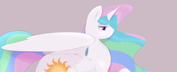 Size: 1280x521 | Tagged: dead source, safe, artist:kryptchild, princess celestia, pony, g4, bedroom eyes, eyeshadow, female, missing accessory, smiling, solo, spread wings